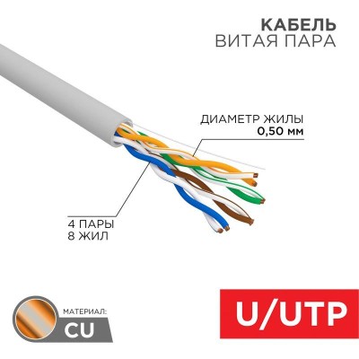 Кабель витая пара U/UTP кат.5E 4х2х24AWG solid CU PVC сер. (м) Rexant 01-0043 Кабель витая пара U/UTP кат.5E 4х2х24AWG solid CU PVC сер. (м) Rexant 01-0043