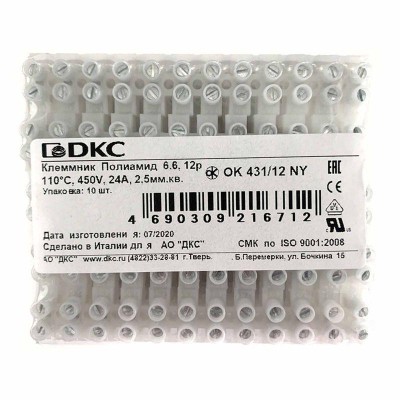 Колодка клеммная полиамид 12х2.5мм винт. п/а OK-431-12-NY DKC 43112NY Колодка клеммная полиамид 12х2.5мм винт. п/а OK-431-12-NY DKC 43112NY