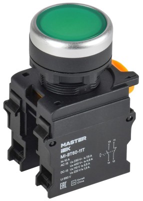 Кнопка d22мм 1НО+1НЗ MASTER с фиксацией зел. IEK MI-BT60-11T-3-21-K06