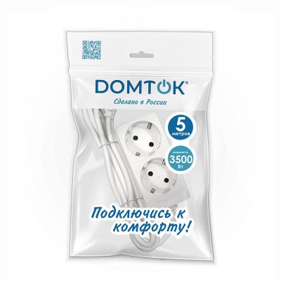 Удлинитель 2х5м с заземл. 16А IP20 3.5кВт ПВС 3х1 бел. DOMTOK 2387