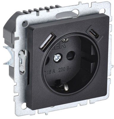 Розетка BRITE РЮш11-1-БрЧ 16А с USB A+C 18Вт с заземл. защ. шторки механизм черн. IEK BR-R14-16-U22-018-K02 Розетка BRITE РЮш11-1-БрЧ 16А с USB A+C 18Вт с заземл. защ. шторки механизм черн. IEK BR-R14-16-U22-018-K02