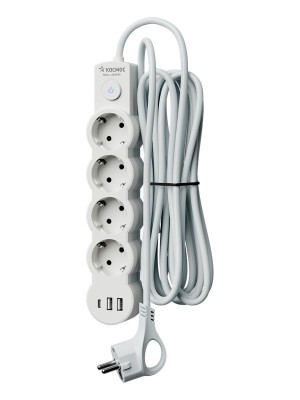 Удлинитель 4х5м с заземл. 10А IP20 USB type-Aх2 + type-C 2500Вт 220В ПВС 3х1 с выкл. бел. КОСМОС YKsm5m4g-Z-VU10А-W