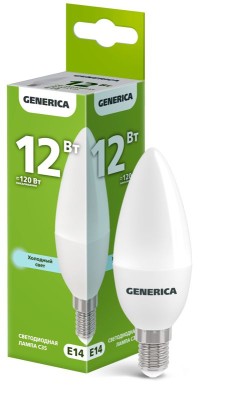 Лампа светодиодная C35 12Вт свеча 6500К E14 230В GENERICA LL-C35-12-230-65-E14-G