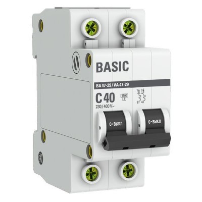 Выключатель автоматический модульный 2п C 40А 4.5кА ВА 47-29 Basic EKF mcb4729-2-40C Выключатель автоматический модульный 2п C 40А 4.5кА ВА 47-29 Basic EKF mcb4729-2-40C