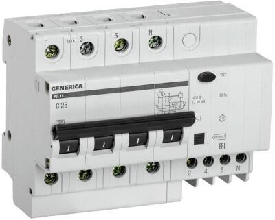 Выключатель автоматический дифференциального тока 4п 25А 30мА АД14 GENERICA MAD15-4-025-C-030 Выключатель автоматический дифференциального тока 4п 25А 30мА АД14 GENERICA MAD15-4-025-C-030