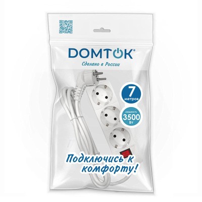 Удлинитель 3х7м с заземл. 16А IP20 3.5кВт ПВС 3х1 с выкл. бел. DOMTOK 2383