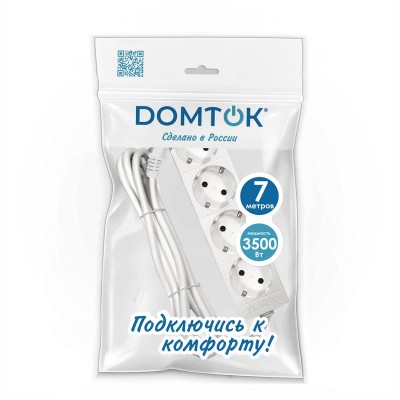Удлинитель 4х7м с заземл. 16А IP20 3.5кВт ПВС 3х1 бел. DOMTOK 2398