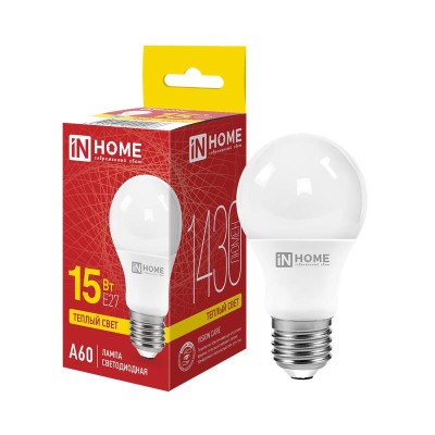 Лампа светодиодная LED-A60-VC 15Вт грушевидная 3000К тепл. бел. E27 1430лм 230В IN HOME 4690612020266 Лампа светодиодная LED-A60-VC 15Вт грушевидная 3000К тепл. бел. E27 1430лм 230В IN HOME 4690612020266