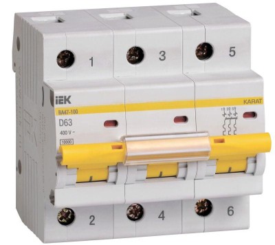 Выключатель автоматический модульный 3п D 63А 10кА ВА47-100 IEK MVA40-3-063-D Выключатель автоматический модульный 3п D 63А 10кА ВА47-100 IEK MVA40-3-063-D