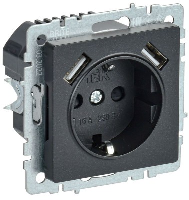 Розетка BRITE РЮш10-1-БрЧ 16А с USB A+A 2.1А с заземл. защ. шторки механизм черн. IEK BR-R14-16-U21-D21-K02 Розетка BRITE РЮш10-1-БрЧ 16А с USB A+A 2.1А с заземл. защ. шторки механизм черн. IEK BR-R14-16-U21-D21-K02